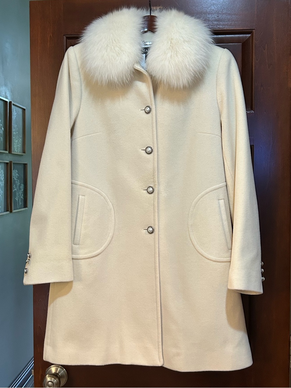 1 Madison Wool Cashmere Coat Genuine Fur Collar Ivory Size 10